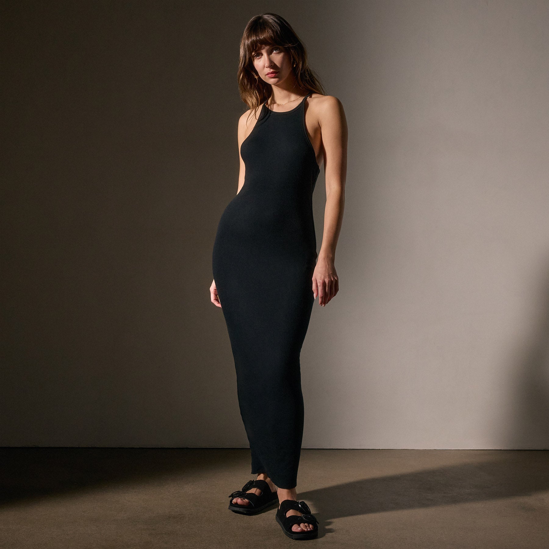 Cotton Cashmere Ribbed Racer Back Tank Dress - Black | James