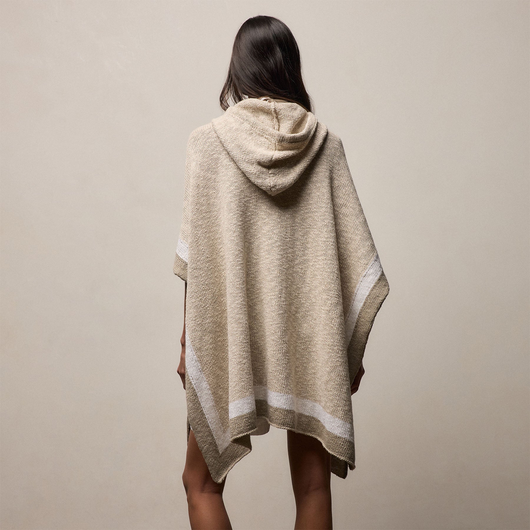 Cotton Linen Knit Hooded Poncho in Natural/White/Taupe | James Perse Los Angeles