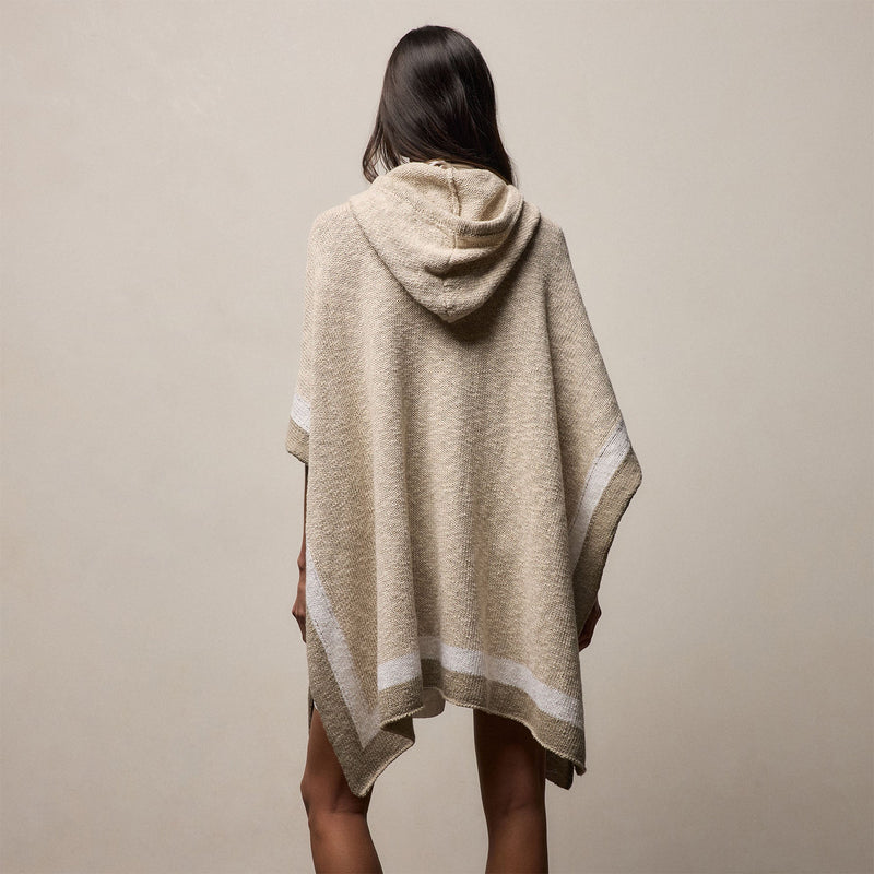 Cotton Linen Knit Hooded Poncho in Natural/White/Taupe | James Perse Los Angeles