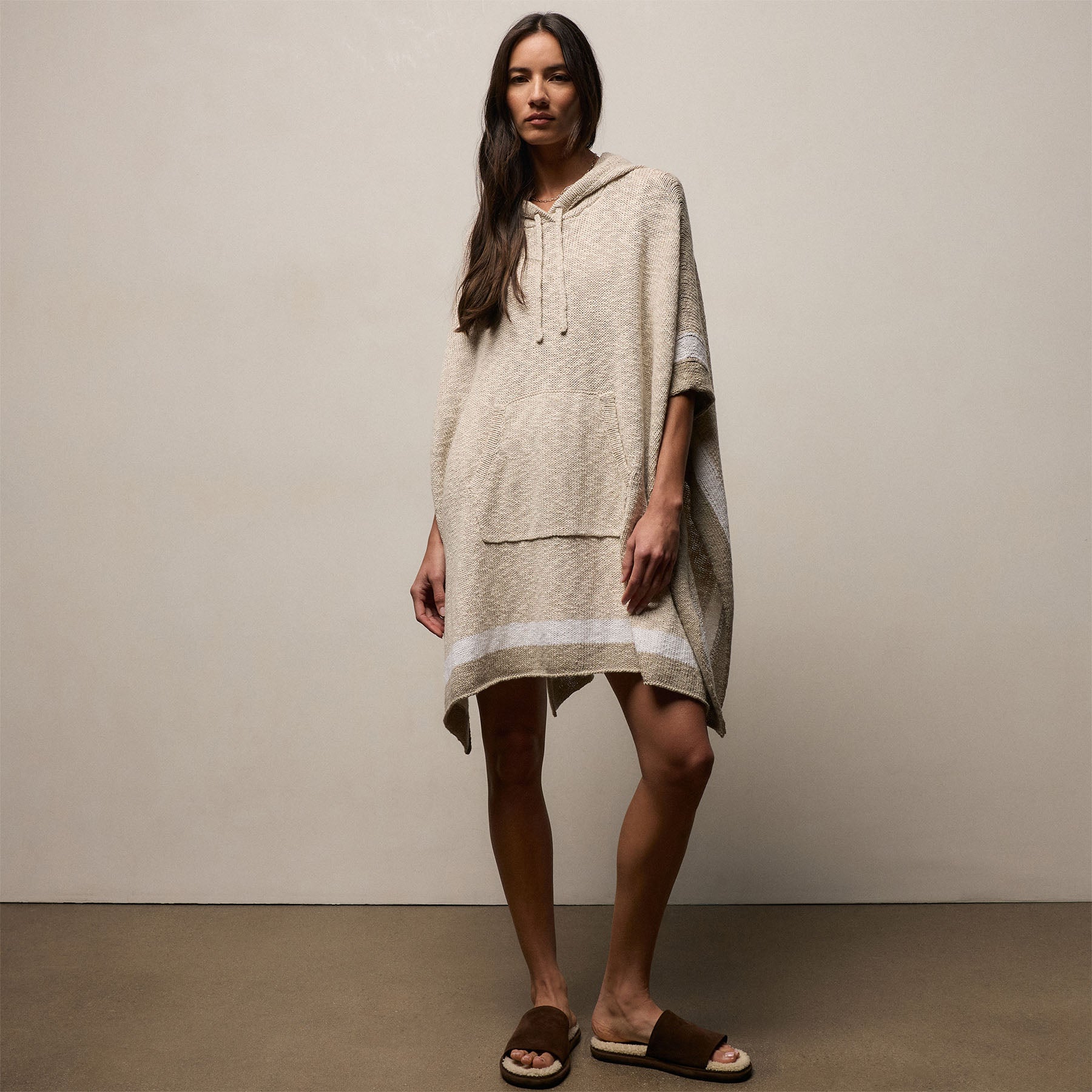 Cotton Linen Knit Hooded Poncho in Natural/White/Taupe | James Perse Los Angeles