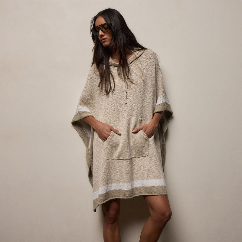 Cotton Linen Knit Hooded Poncho in Natural/White/Taupe | James Perse Los Angeles