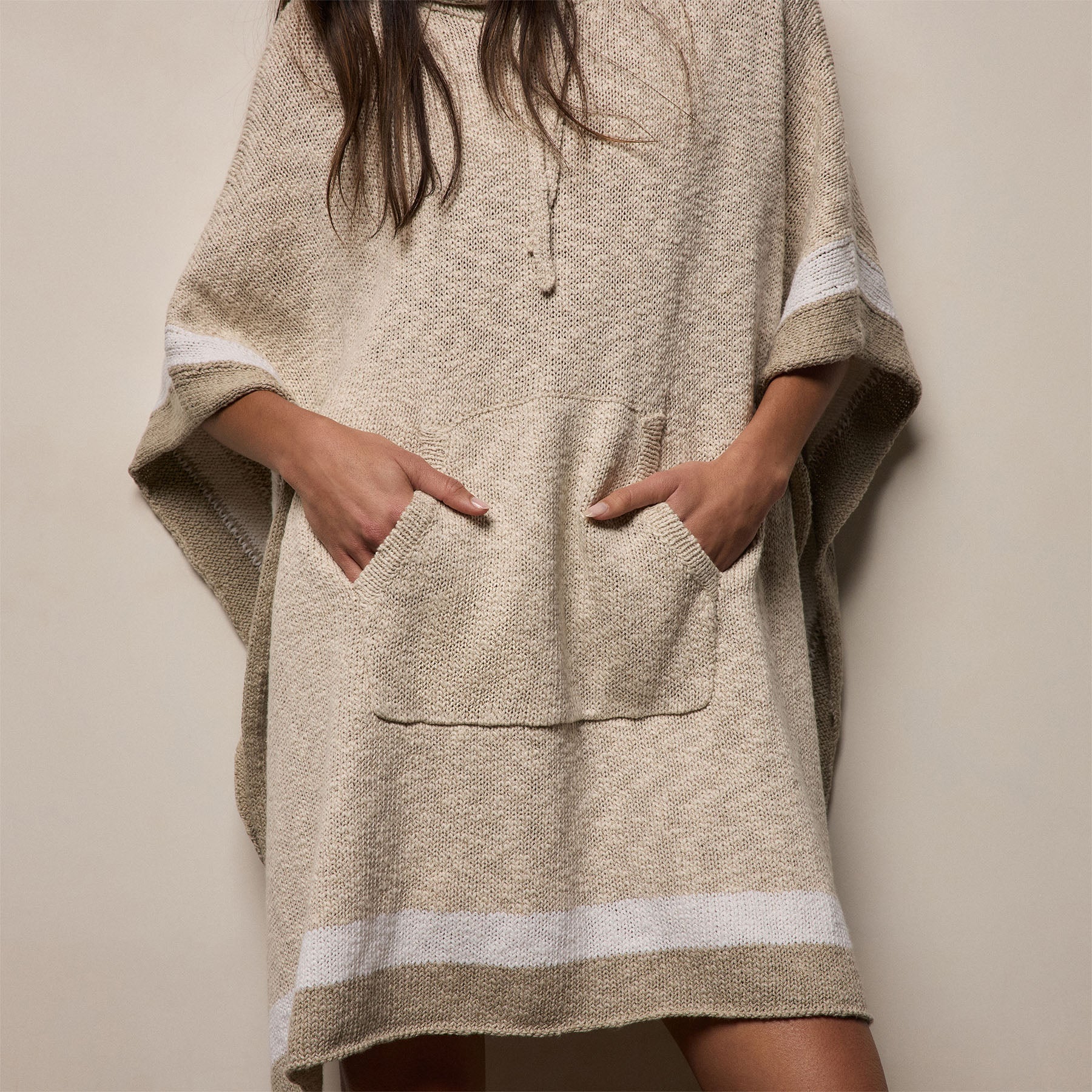 Cotton Linen Knit Hooded Poncho in Natural/White/Taupe | James Perse Los Angeles