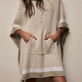 Cotton Linen Knit Hooded Poncho in Natural/White/Taupe | James Perse Los Angeles