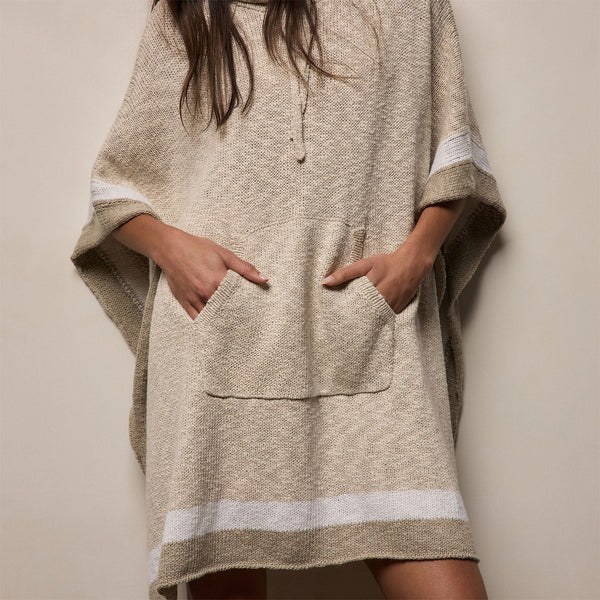 Cotton Linen Knit Hooded Poncho in Natural/White/Taupe | James Perse Los Angeles