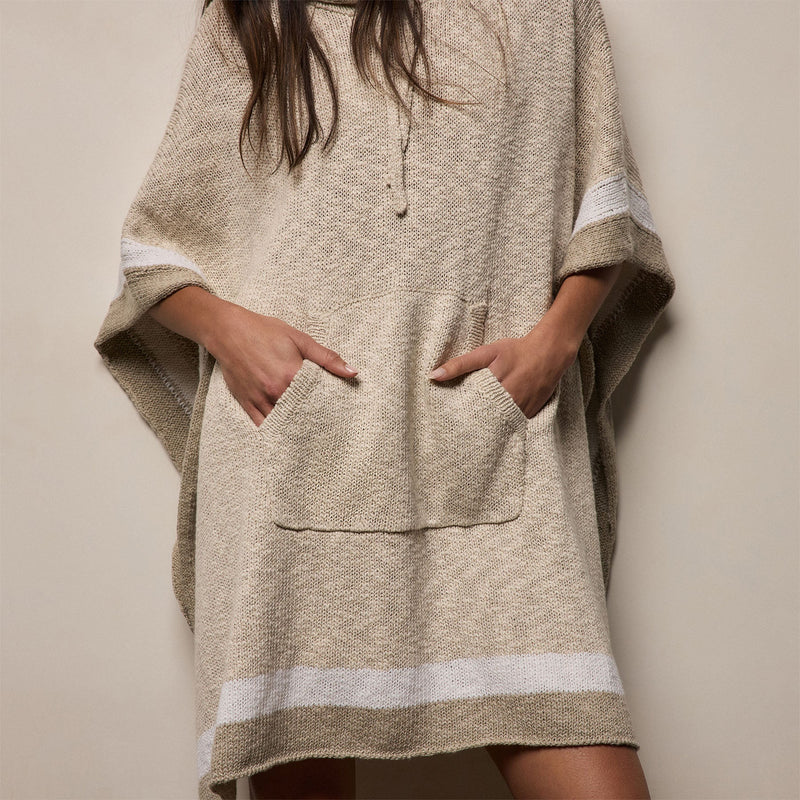 Cotton Linen Knit Hooded Poncho in Natural/White/Taupe | James Perse Los Angeles