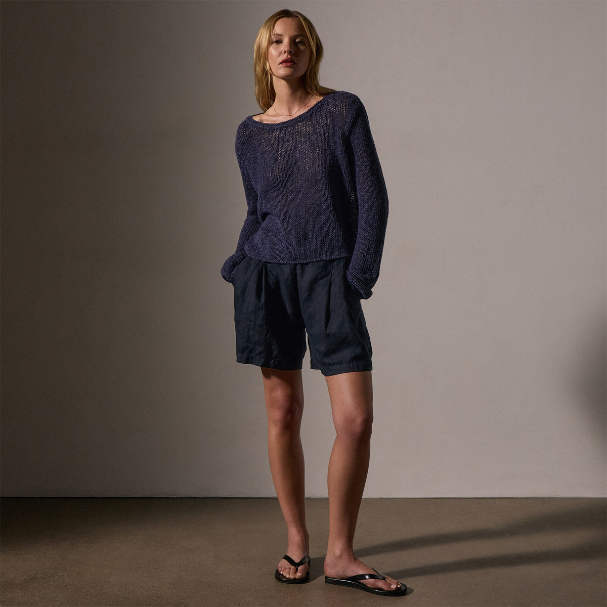 Cotton Linen Open Knit Pullover in Faded Navy | James Perse Los Angeles