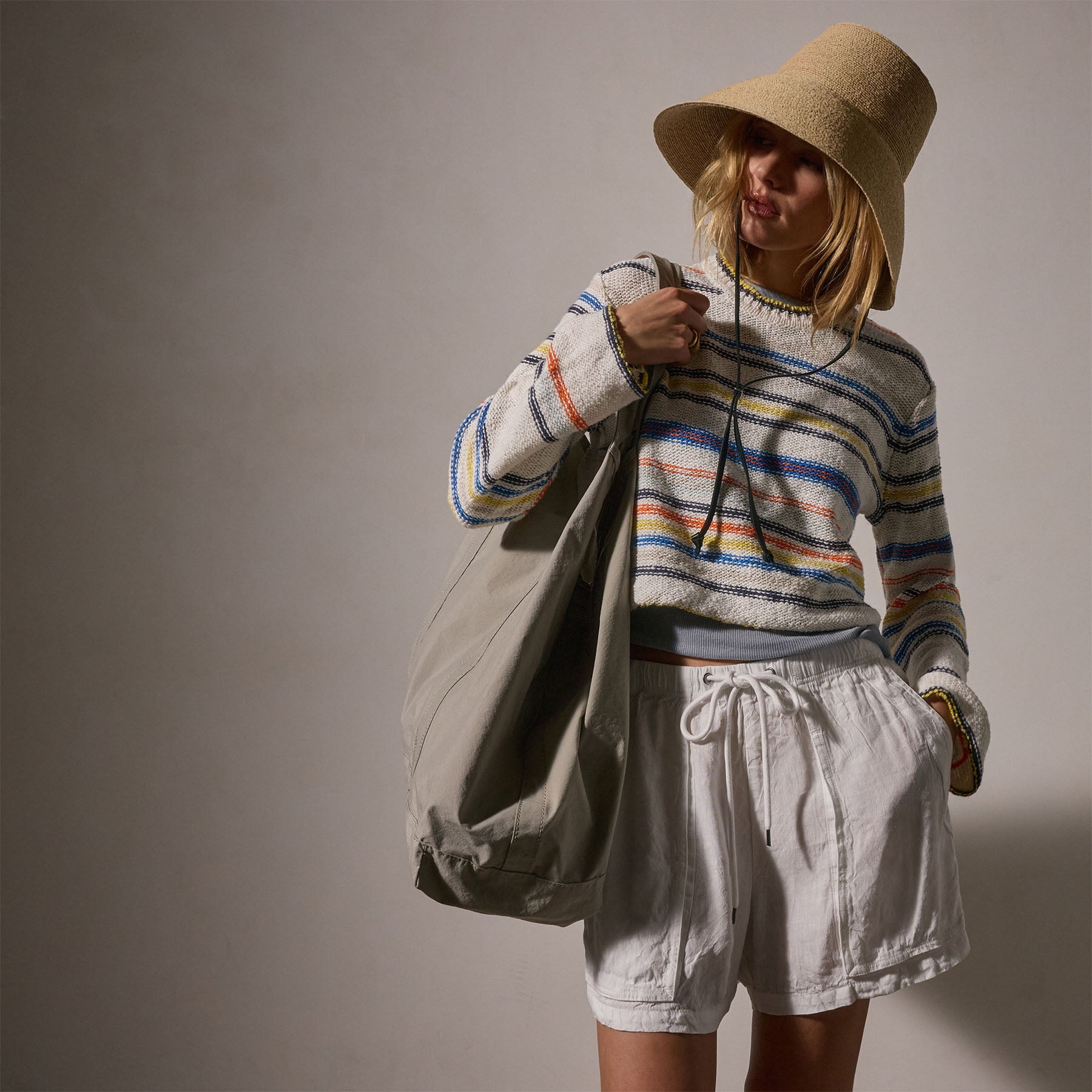 Cotton Ln Cropd Crew Neck Sweater in Multi White | James Perse Los Angeles