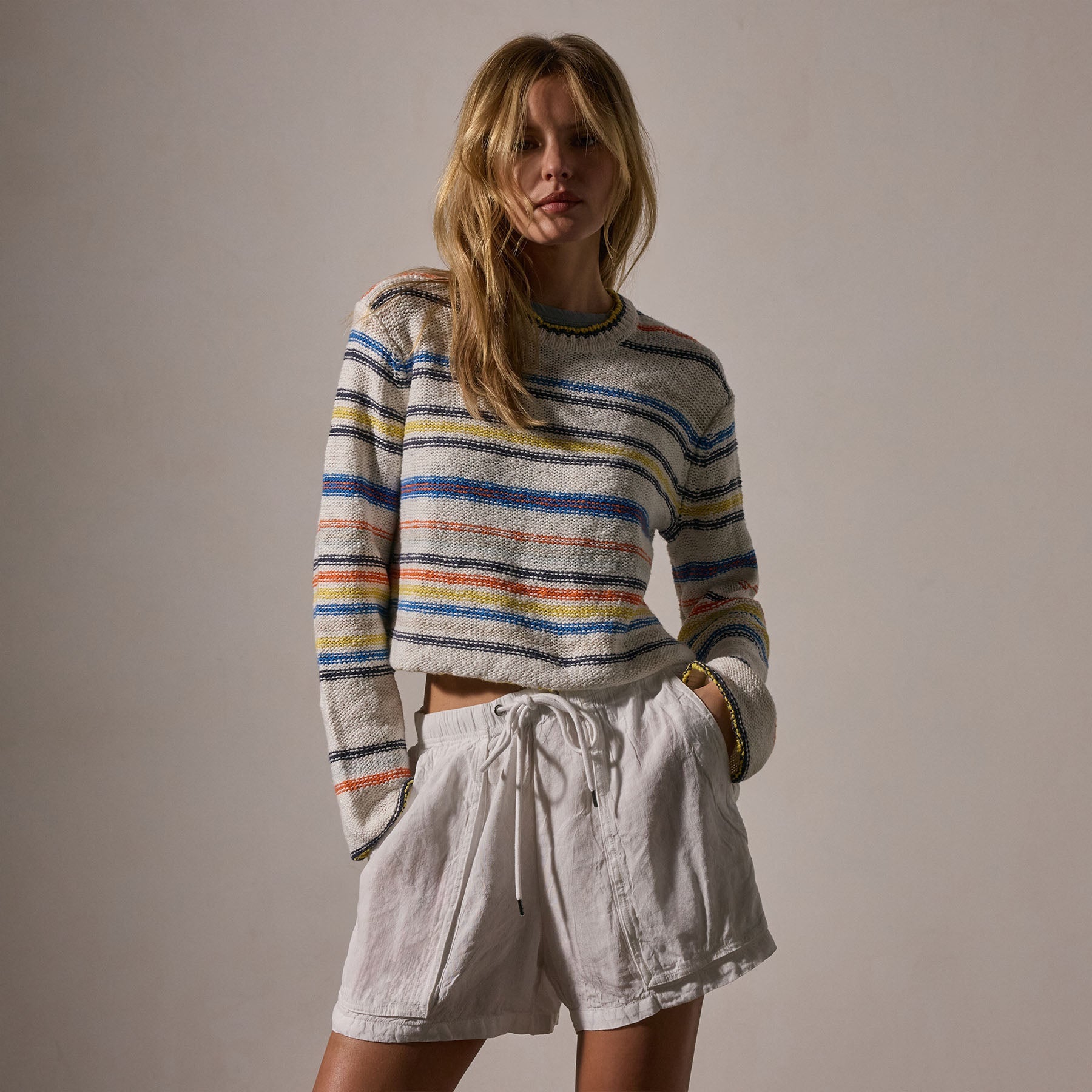 Cotton Ln Cropd Crew Neck Sweater in Multi White | James Perse Los Angeles