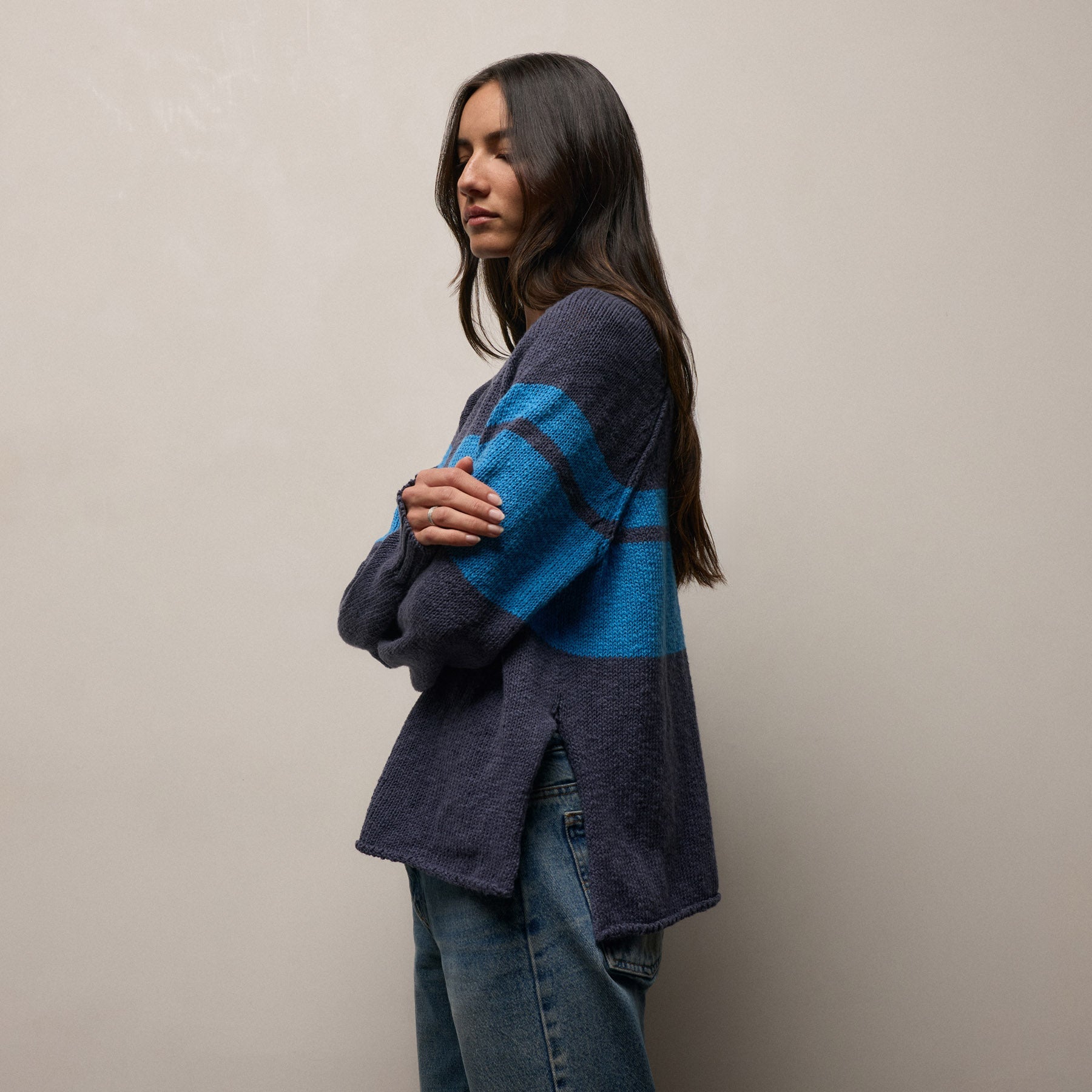 Surf Stripe Cotton Linen Sweater in Faded Navy/Santorini | James Perse Los Angeles