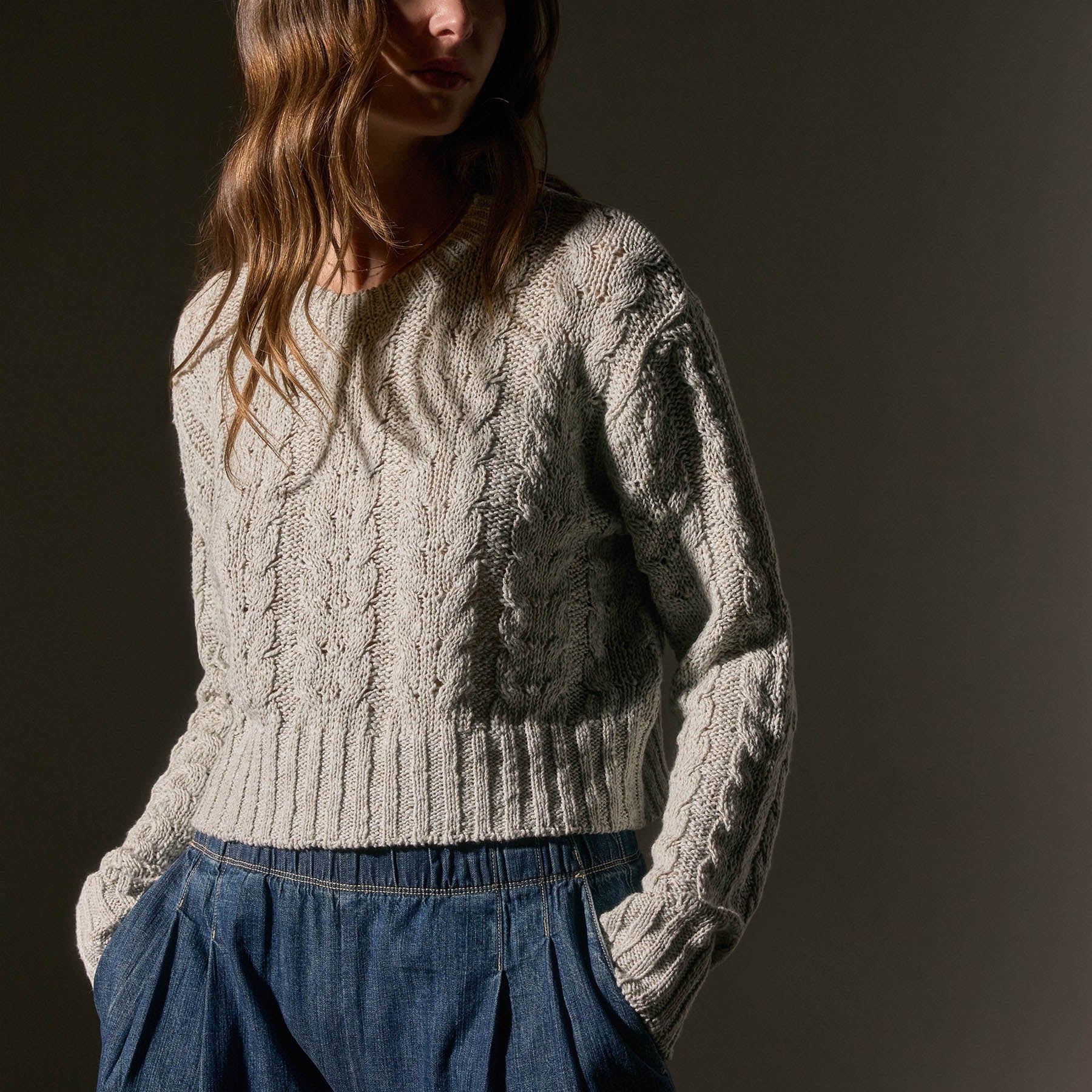 Cotton Linen Chunky Cable Knit Sweater - Foam | James Perse Los