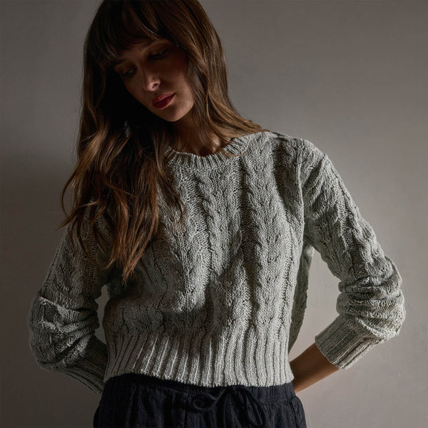 Cotton Linen Chunky Cable Knit Sweater - Foam