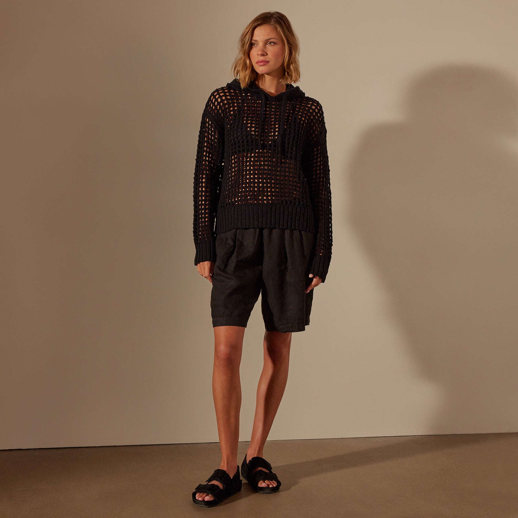 Cotton Linen Open Hoodie in Black | James Perse Los Angeles