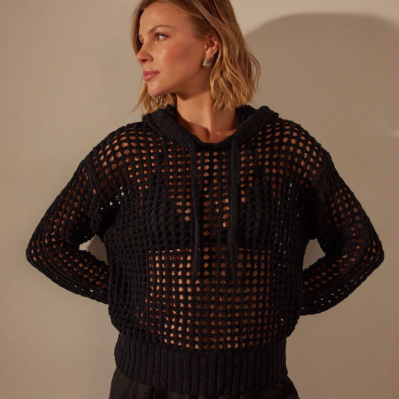 Cotton Linen Open Hoodie in Black | James Perse Los Angeles