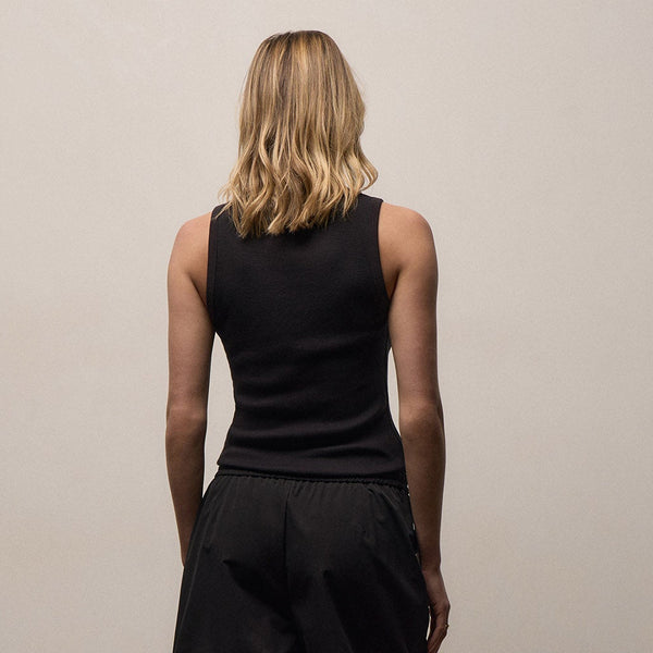 Cotton Gauze Ribbed Tank - Black
