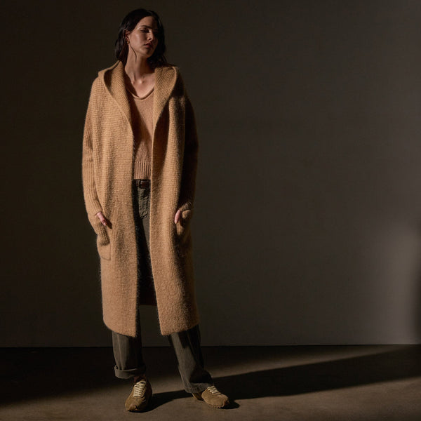 Chunky Waffle Knit Hooded Coat  in Camel | James Perse Los Angeles