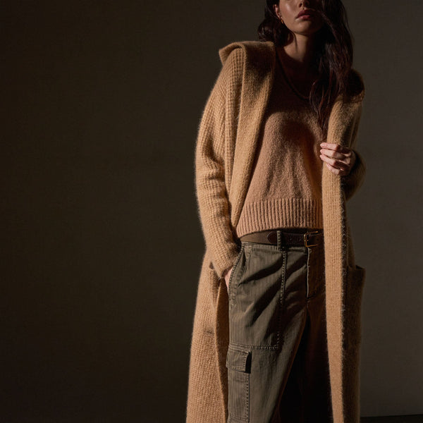 Chunky Waffle Knit Hooded Coat  in Camel | James Perse Los Angeles