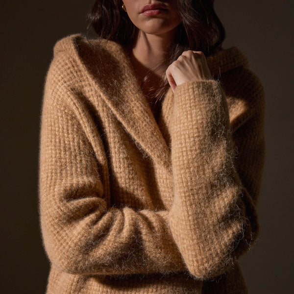Chunky Waffle Knit Hooded Coat  in Camel | James Perse Los Angeles
