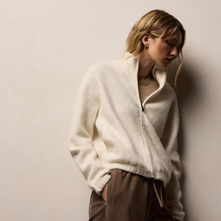 Wool Alpaca Stretch Zip Jacket in Ivory | James Perse Los Angeles