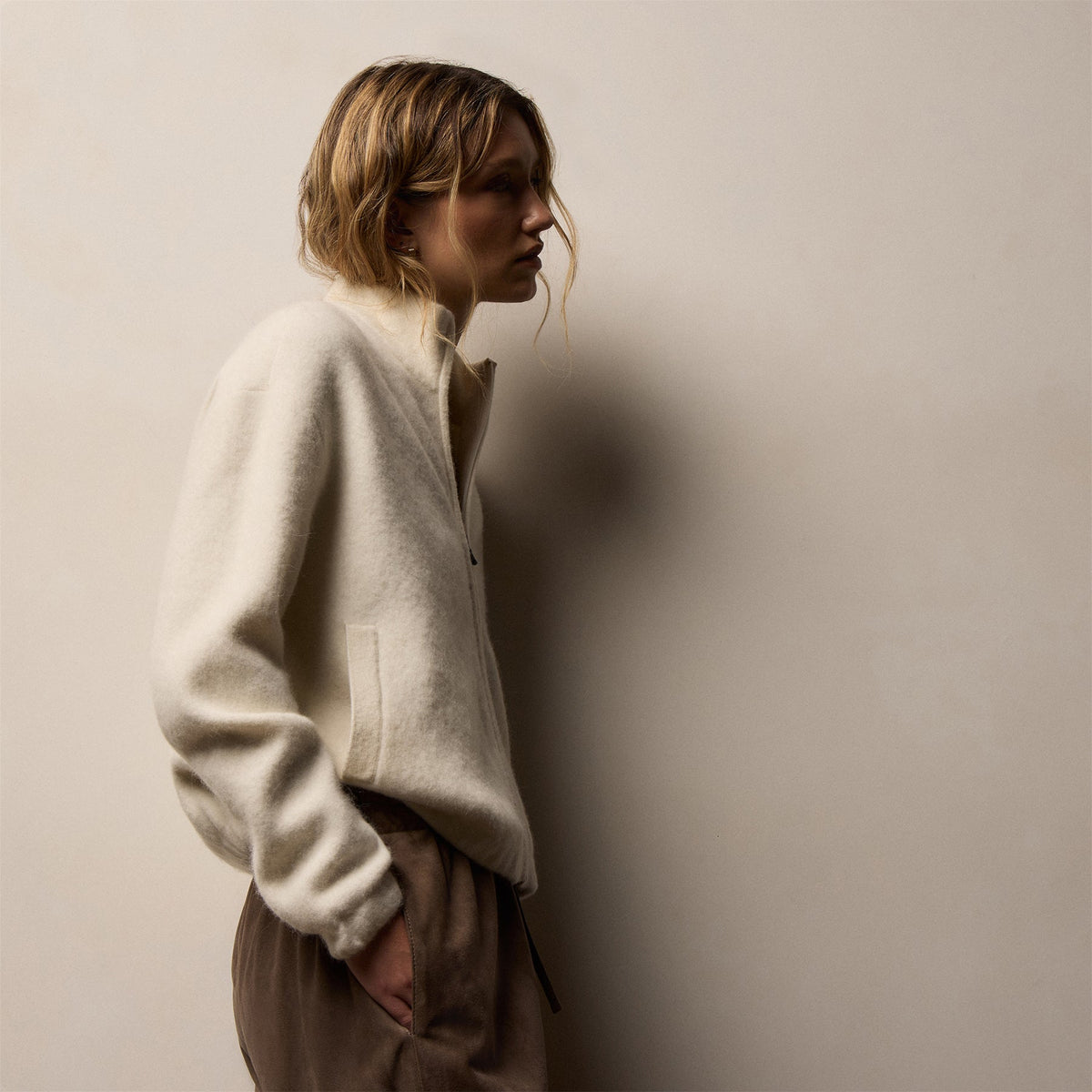 Wool Alpaca Stretch Zip Jacket in Ivory | James Perse Los Angeles