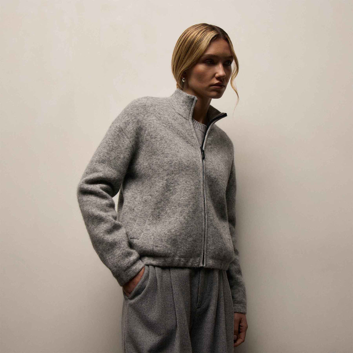 Wool Alpaca Stretch Zip Jacket in Mid Grey | James Perse Los Angeles