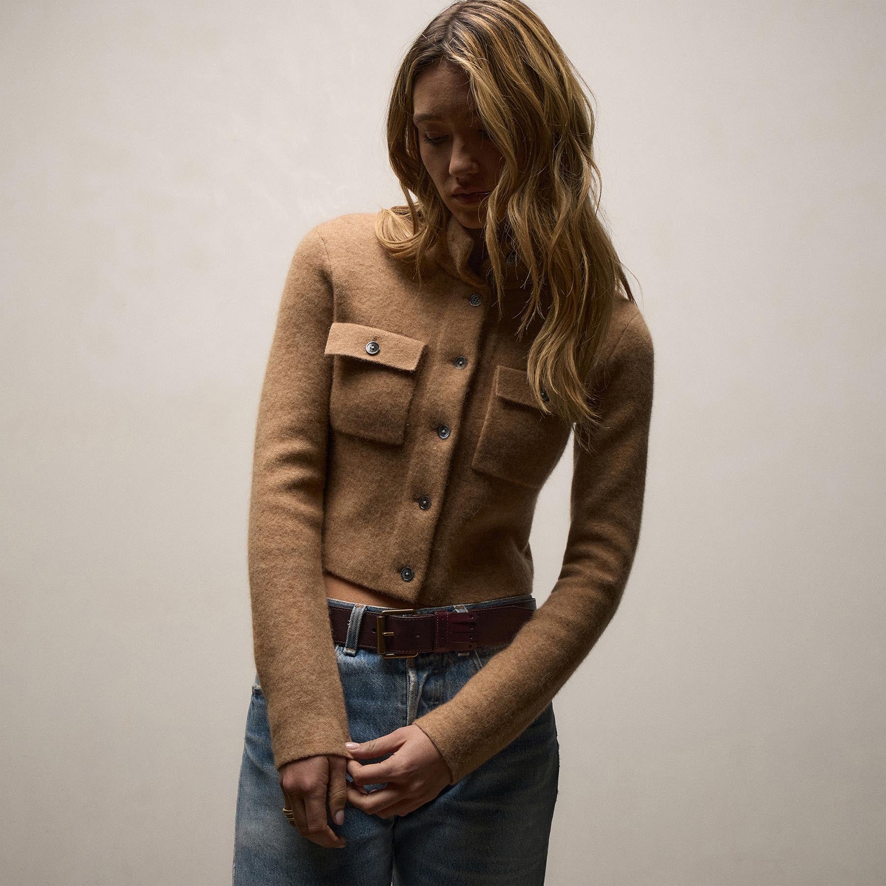 Wool Alpaca Btn Front Sweater Coat in Camel | James Perse Los Angeles