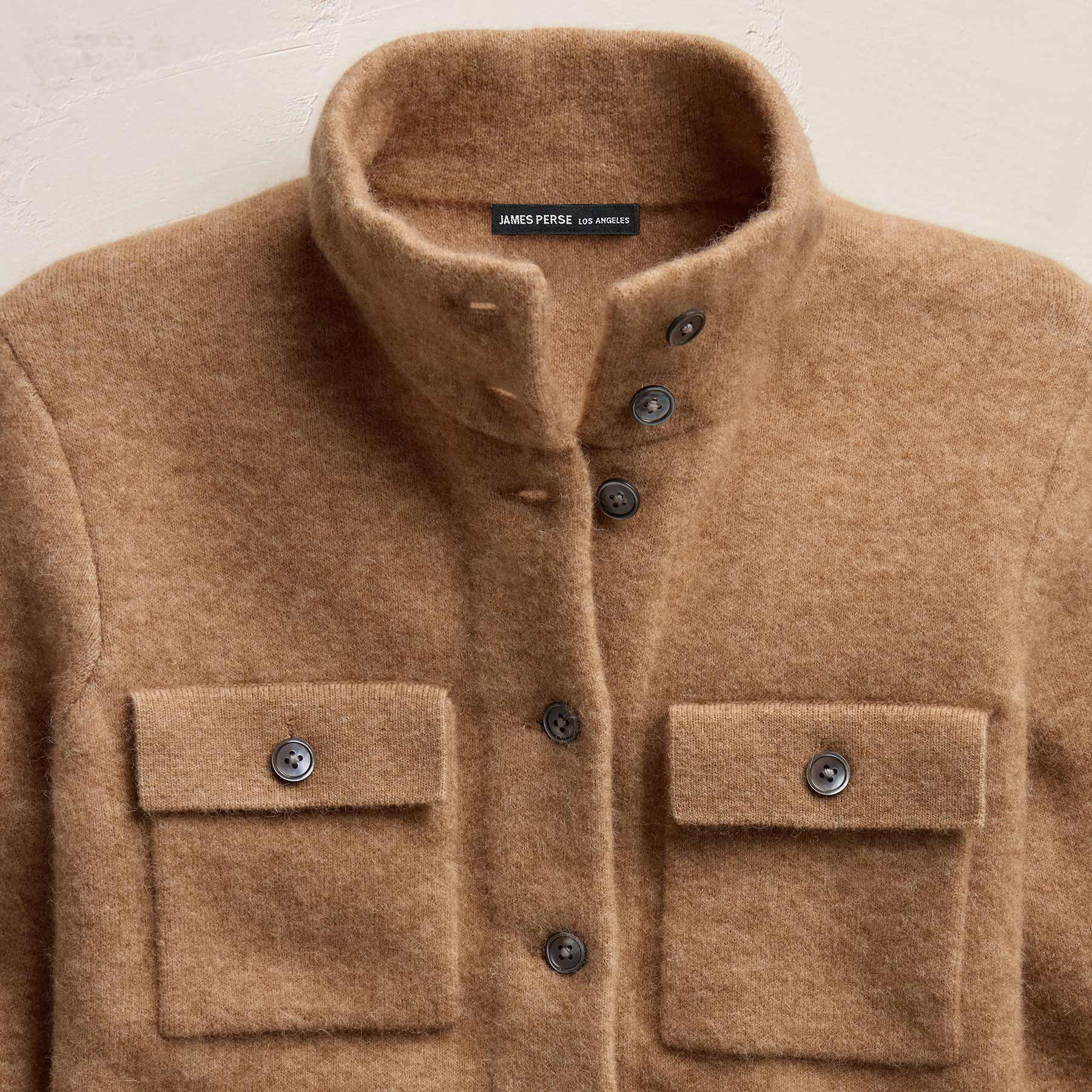 Wool Alpaca Funnel Neck Cardigan Jacket in Camel | James Perse Los Angeles