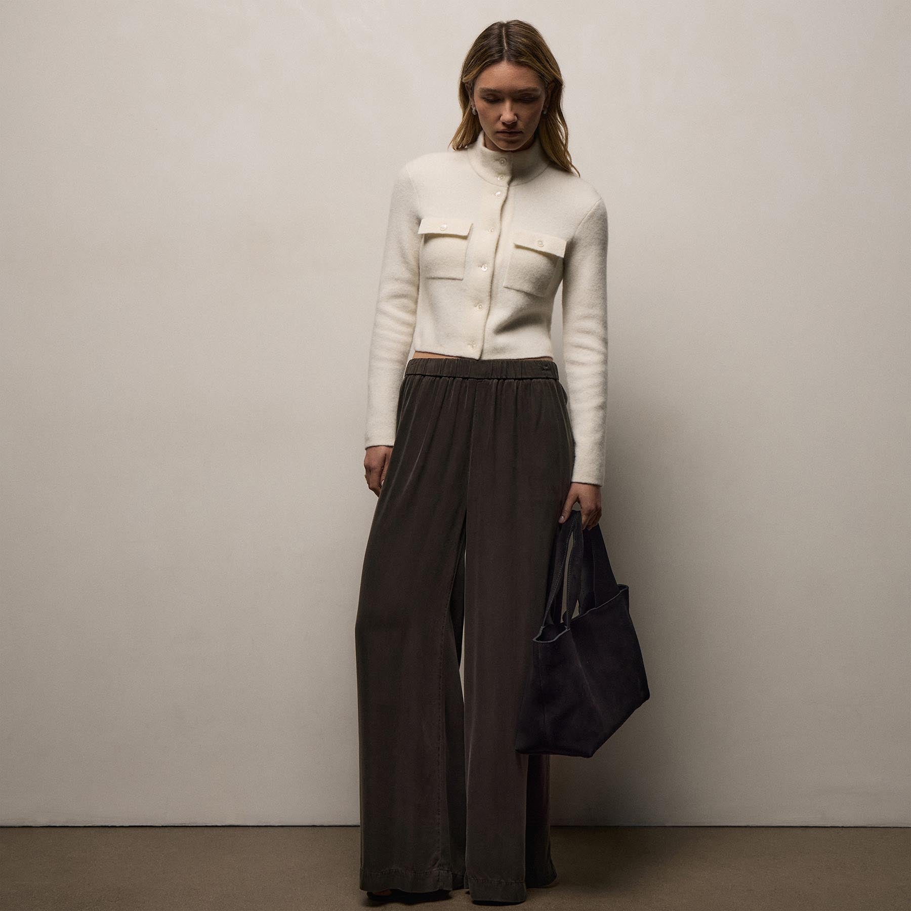Wool Alpaca Btn Front Sweater Coat in Ivory | James Perse Los Angeles