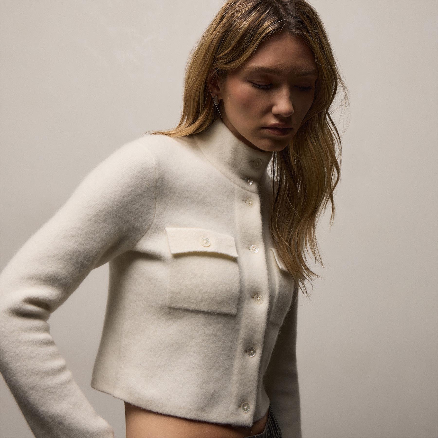 Wool Alpaca Funnel Neck Cardigan Jacket