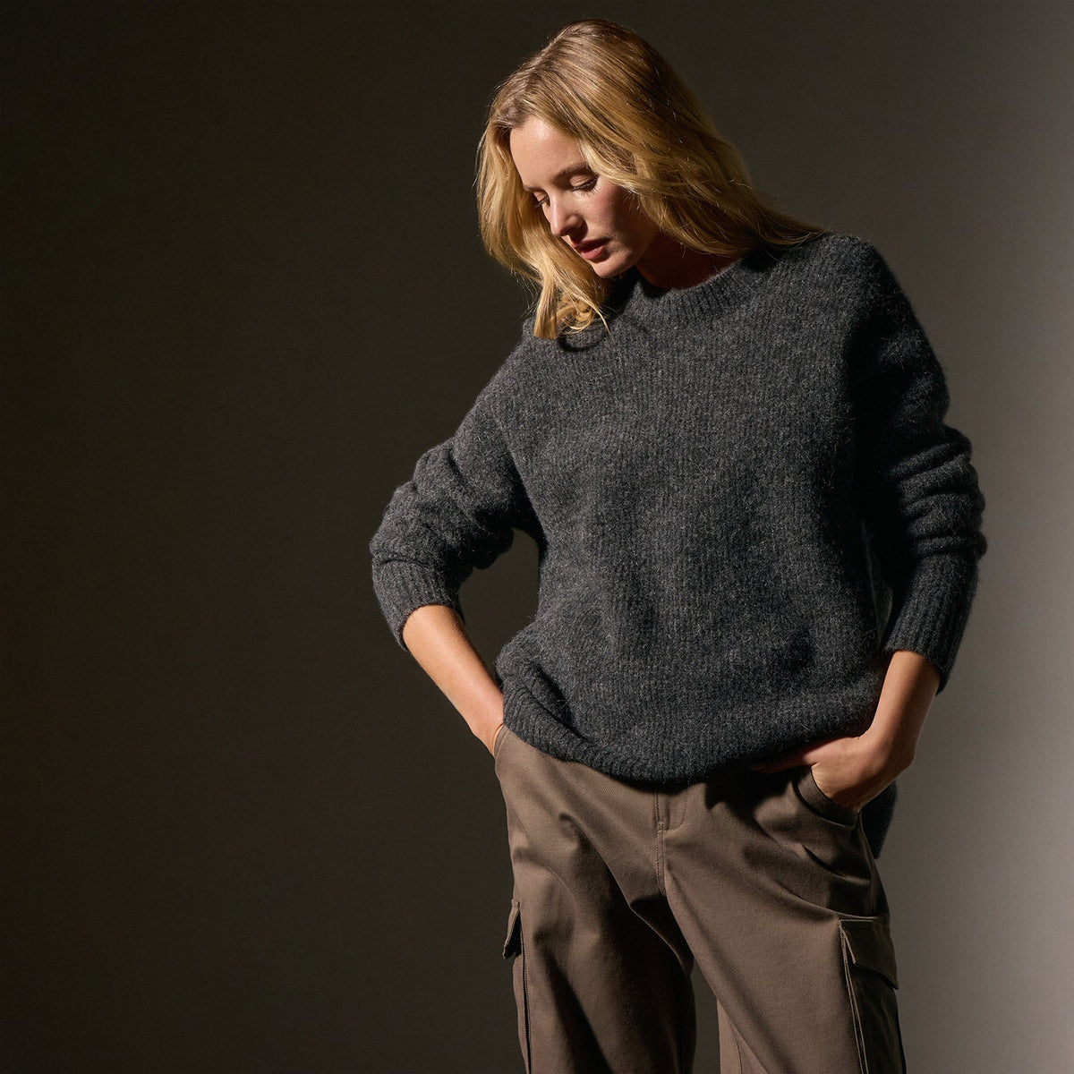 Oversized Waffle Knit Crew in Anthracite | James Perse Los Angeles