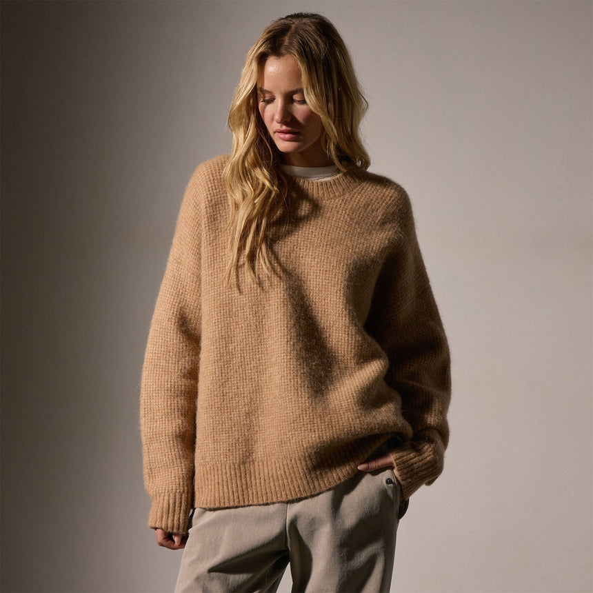 Oversized Waffle Knit Crew in Camel | James Perse Los Angeles