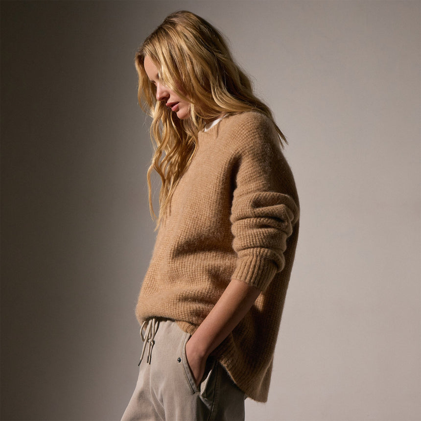 Oversized Waffle Knit Crew in Camel | James Perse Los Angeles