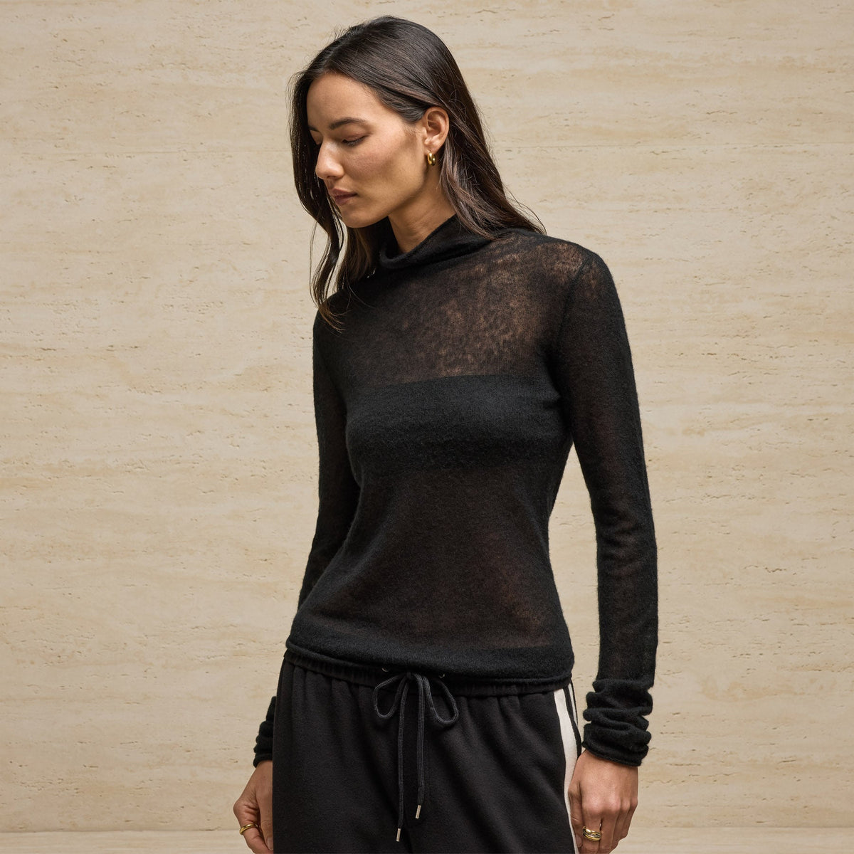 Sheer Mock Neck Top in Black | James Perse Los Angeles