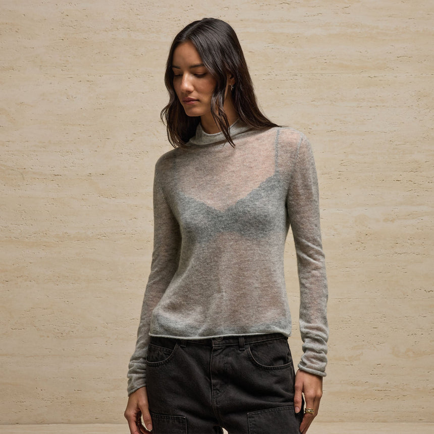Sheer Mock Neck Knit Top in Heather Grey | James Perse Los Angeles