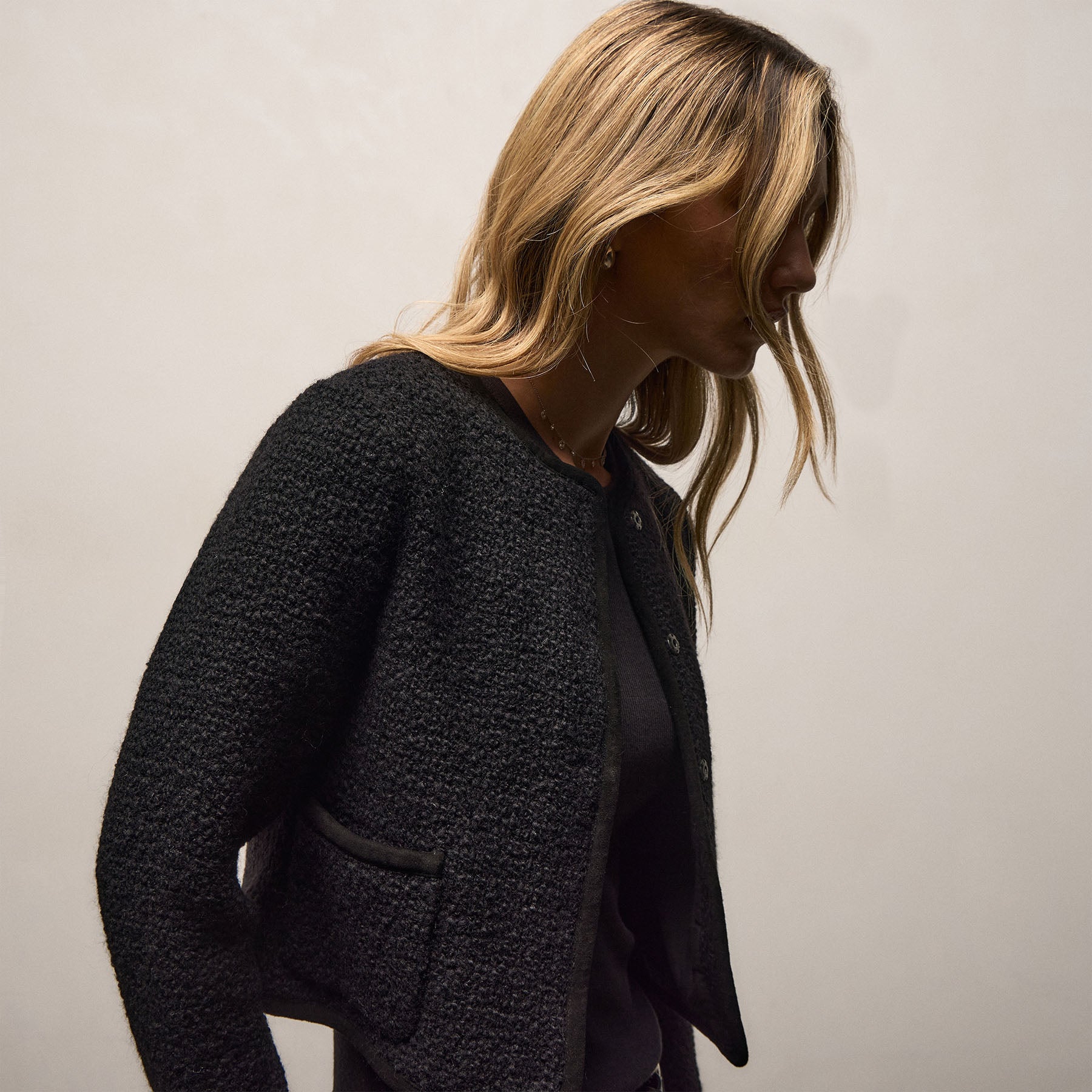 Wool Boucle Button Front Jacket In Black | James Perse Los Angeles
