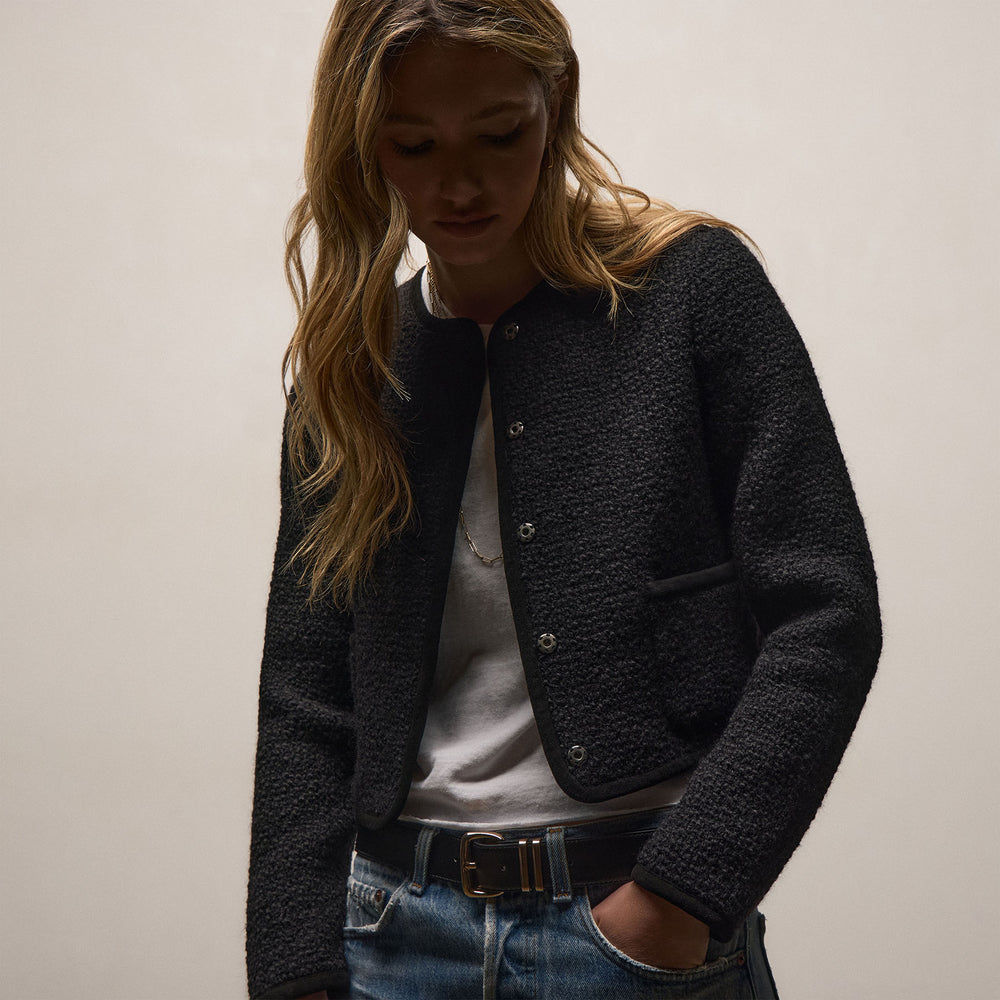 Wool Boucle Button Front Jacket In Black | James Perse Los Angeles