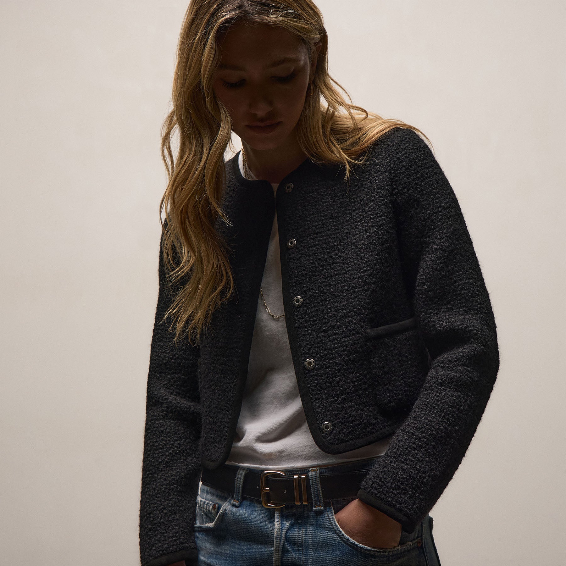 Wool Boucle Button Front Jacket In Black | James Perse Los Angeles