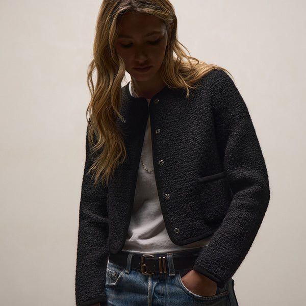 Wool Boucle Button Front Jacket In Black | James Perse Los Angeles