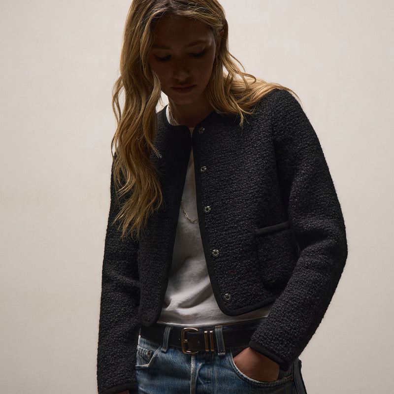 Wool Boucle Button Front Jacket In Black | James Perse Los Angeles