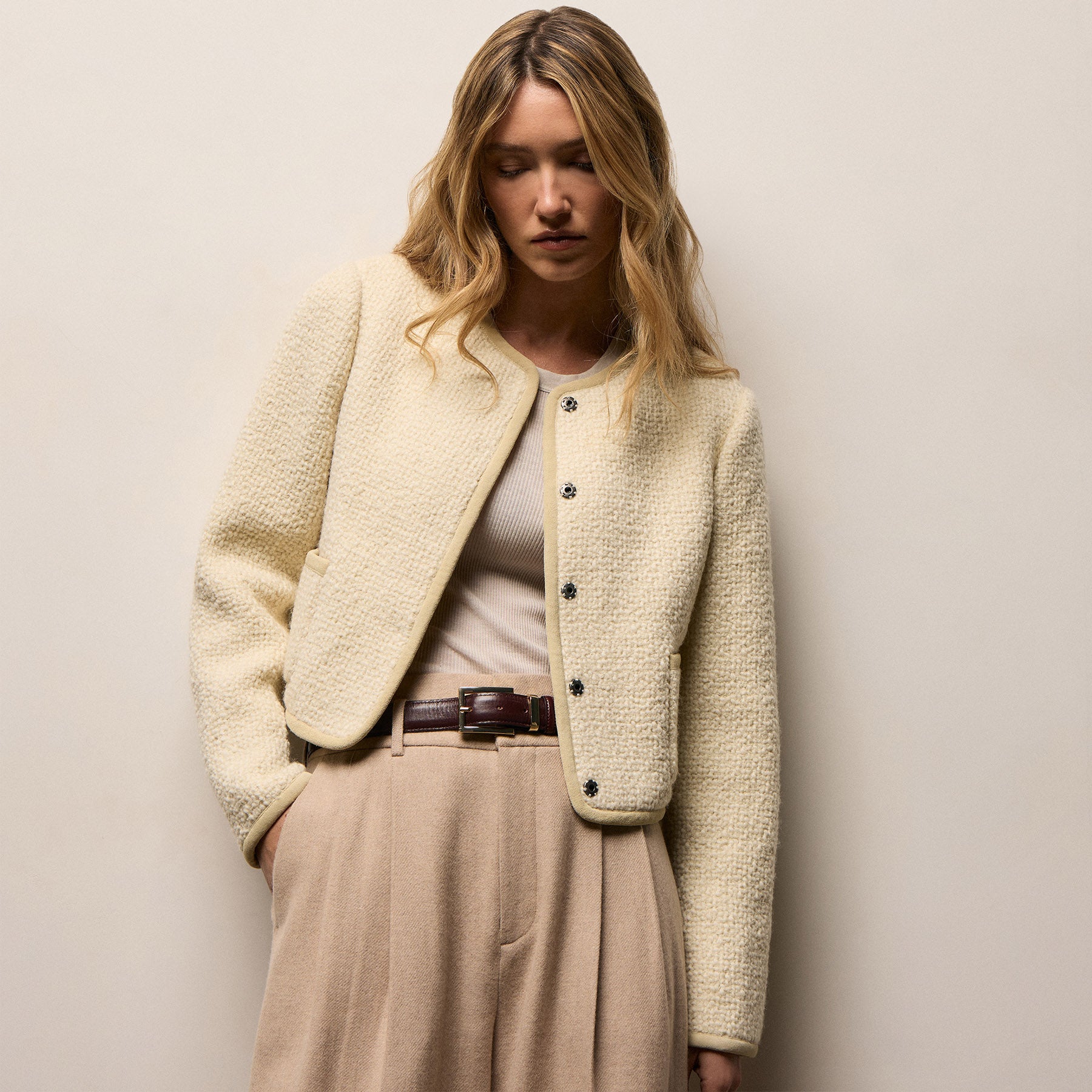 Wool Boucle Button Front Jacket - Ivory | James Perse Los Angeles