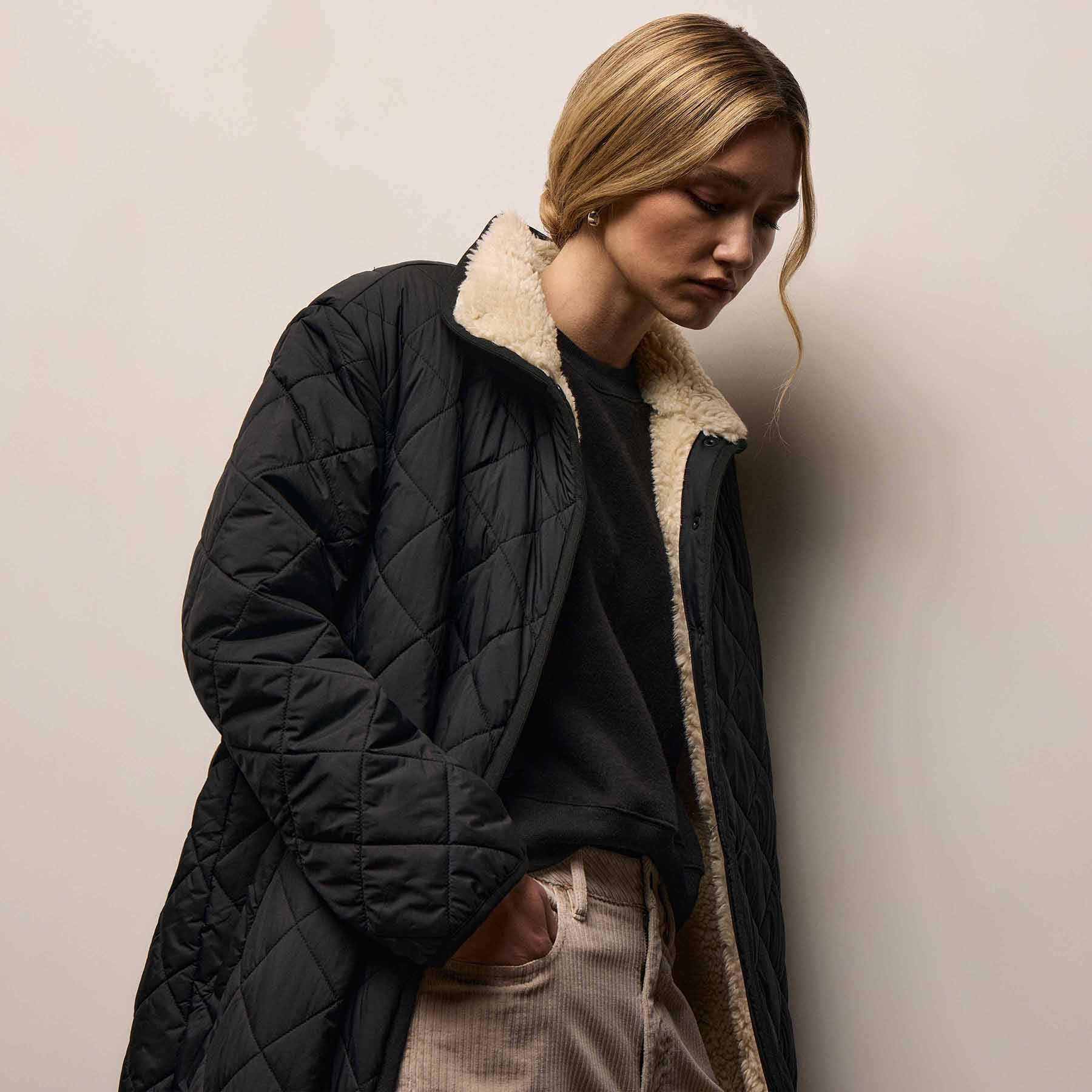 Long Nylon Quilted Coat in Black/Ivory | James Perse Los Angeles