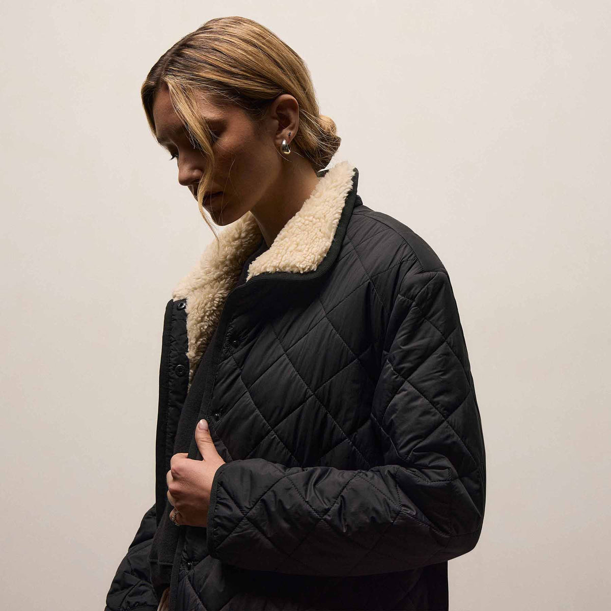 Long Nylon Quilted Coat in Black/Ivory | James Perse Los Angeles