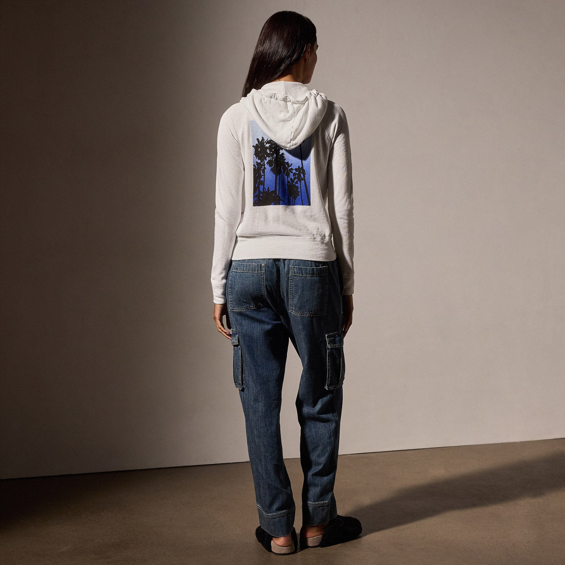 Palm Tree Graphic Zip Up Hoodie in White/Blue | James Perse Los Angeles