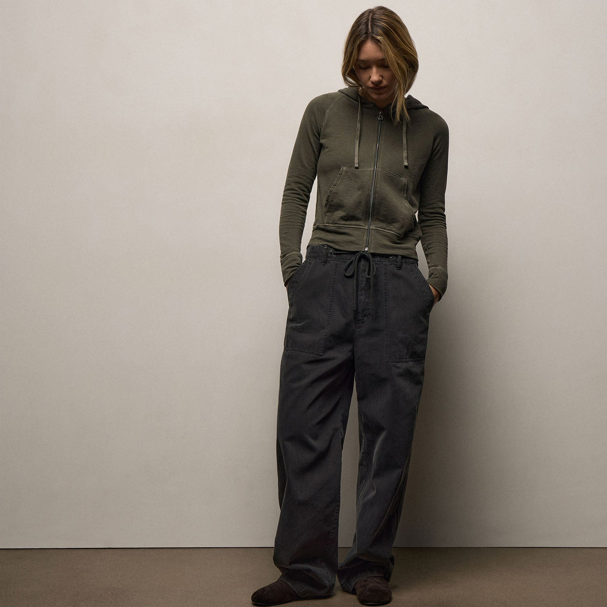 Vintage French Terry Zip Up Hoodie in Army Green Pigment | James Perse Los Angeles