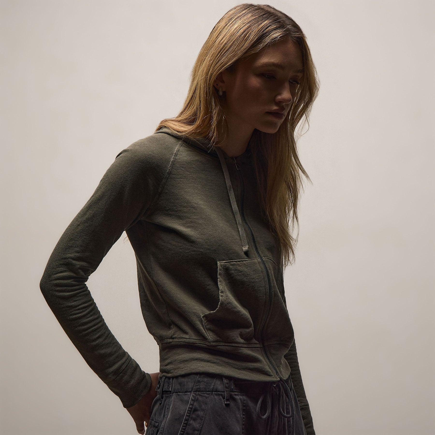 その他 back zip French sleeve Tee Vintage French Terry Zip Up Hoodie in Army Green Pigment | James