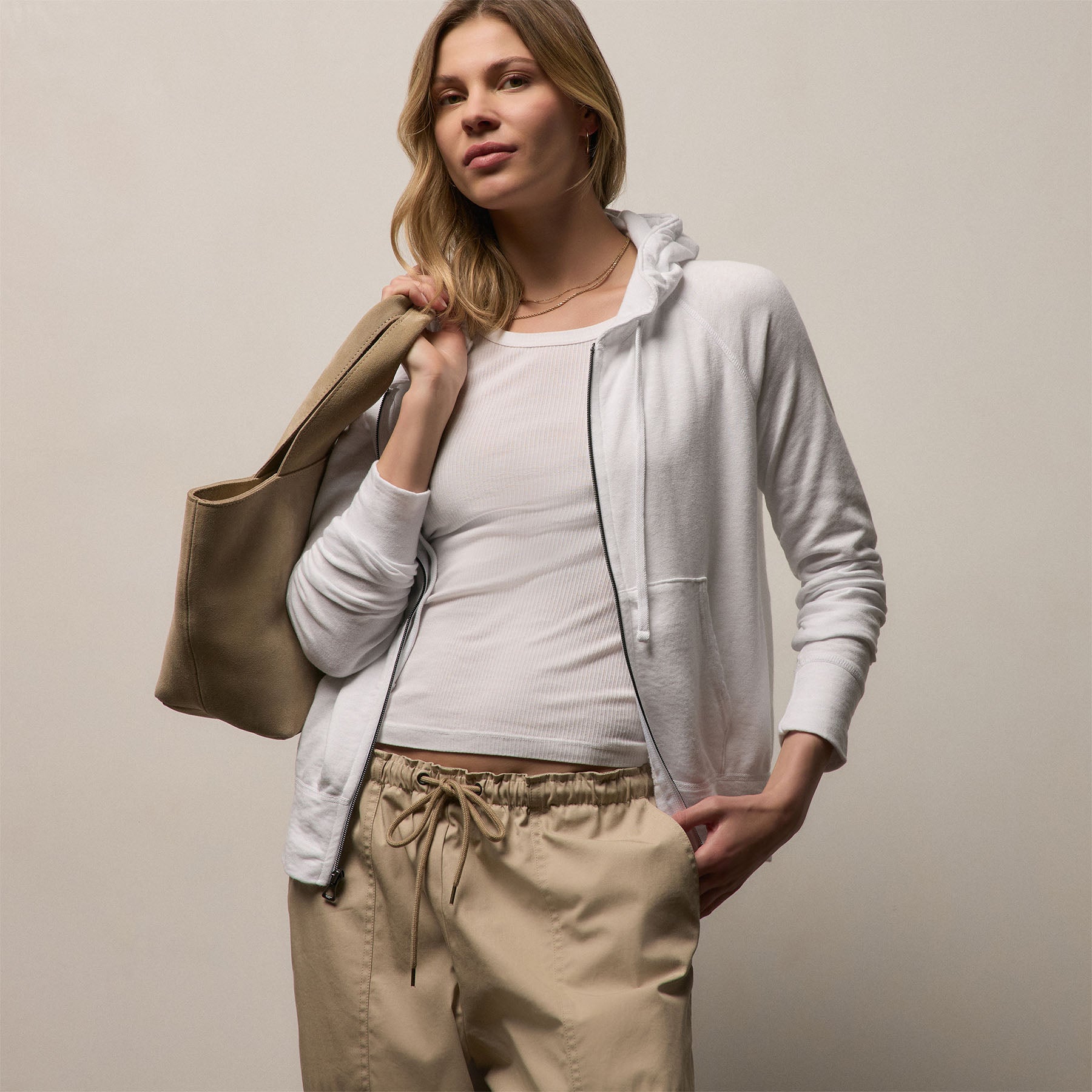 Vintage French Terry Zip Up Hoodie - White