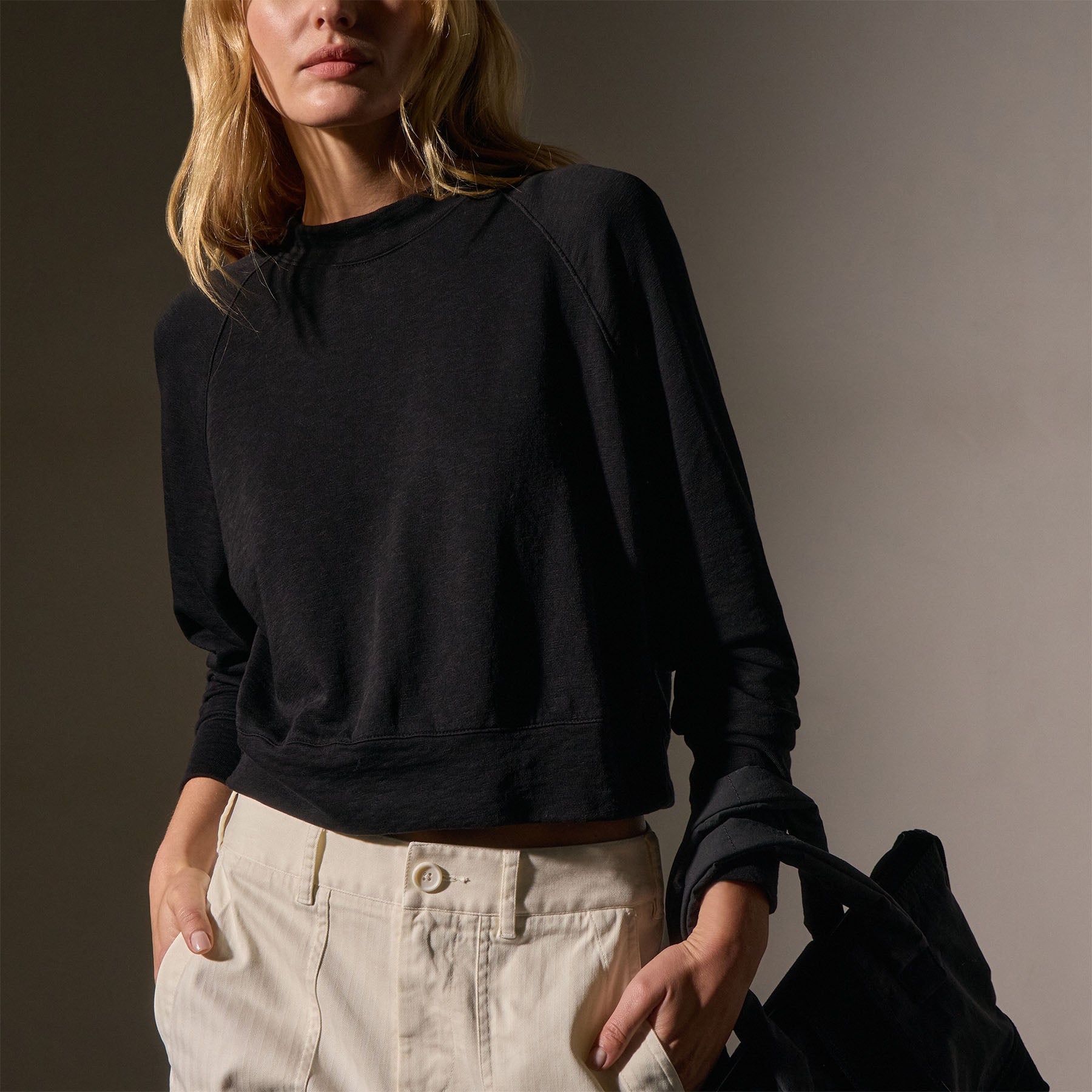 French Terry Cropped Mock Neck - Black | James Perse Los Angeles