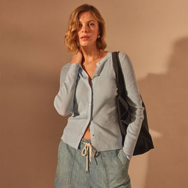 Stretch Linen Ribbed Cardigan in Bleached Blue | James Perse Los Angeles