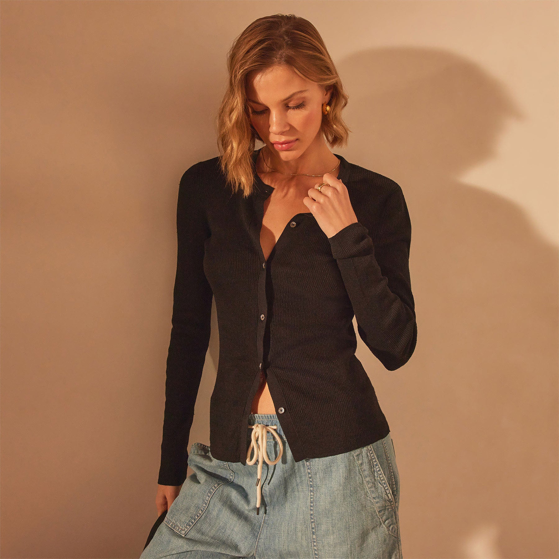 Stretch Linen Ribbed Cardigan - Black | James Perse Los Angeles