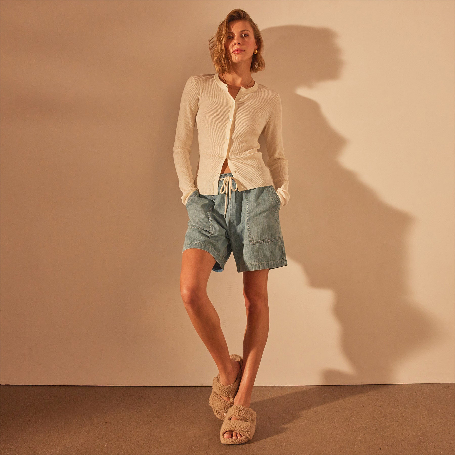 Stretch Linen Ribbed Cardigan in Canvas | James Perse Los Angeles