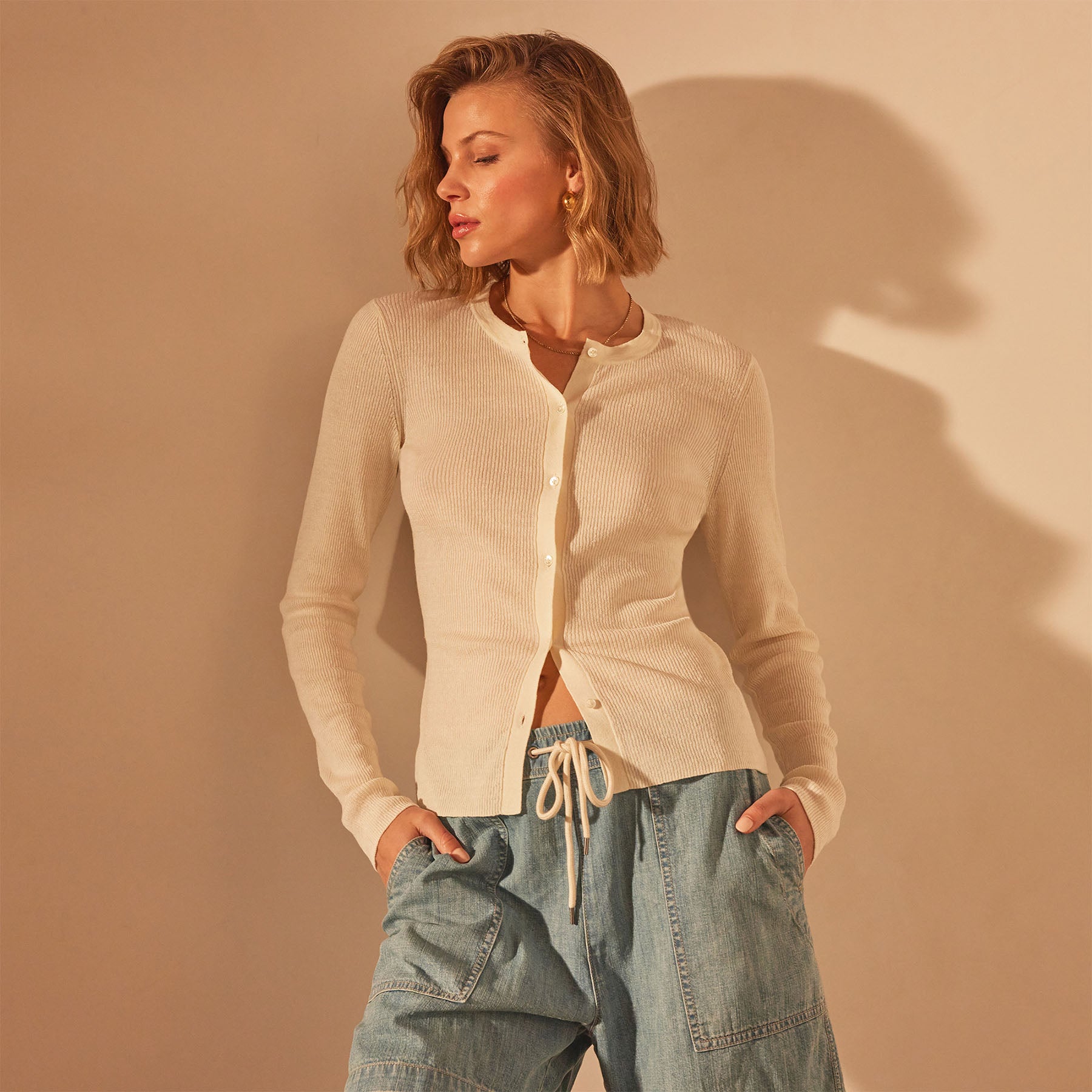 Stretch Linen Ribbed Cardigan in Canvas | James Perse Los Angeles